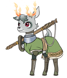Size: 1269x1466 | Tagged: safe, alternate version, artist:multiverseequine, derpibooru exclusive, imported from derpibooru, oc, oc only, oc:sycamore, deer, pony, antlers, armor, boots, buck, choker, clothes, colored eartips, deer oc, fire, full body, grey hair, horizontal pupils, male, non-pony oc, on fire, red eyes, robe, shoes, shoulder pads, simple background, solo, staff, standing, tail, transparent background, weapon, writing