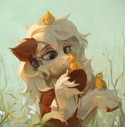 Size: 1871x1902 | Tagged: safe, artist:rvsd, imported from derpibooru, oc, oc only, bird, chicken, earth pony, pony, chick, commission, ear fluff, female, flower, flower in hair, mare, solo, unshorn fetlocks