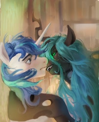 Size: 951x1174 | Tagged: safe, artist:vondsketch, imported from derpibooru, queen chrysalis, shining armor, changeling, changeling queen, pony, unicorn, fangs, female, horn, imminent kissing, infidelity, male, mare, pinned, shining chrysalis, shipping, stallion, straight
