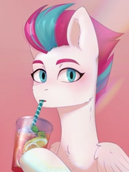Size: 1200x1600 | Tagged: safe, artist:glumarkoj, imported from derpibooru, zipp storm, pegasus, pony, abstract background, blushing, drink, drinking, drinking straw, female, g5, looking at you, mare, solo