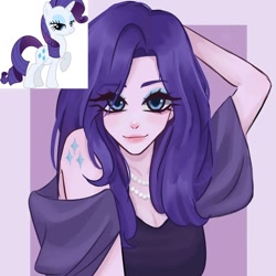 Size: 1440x1440 | Tagged: safe, artist:liahsaflor, imported from derpibooru, rarity, human, pony, unicorn, alternative cutie mark placement, breasts, bust, cleavage, eyebrows, eyebrows visible through hair, female, horn, humanized, looking at you, mare, passepartout, purple background, shoulder cutie mark, simple background, smiling, smiling at you, solo