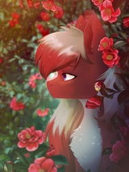 Size: 1200x1600 | Tagged: safe, artist:glumarkoj, imported from derpibooru, oc, oc only, earth pony, pony, chest fluff, commission, ear fluff, female, flower, mare, solo