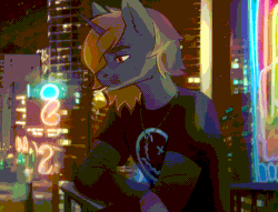 Size: 944x720 | Tagged: safe, artist:glumarkoj, imported from derpibooru, oc, oc only, anthro, unicorn, animated, cheek fluff, cigarette, city, clothes, gif, horn, jewelry, loop, male, necklace, shirt, smoking, solo, stallion, t-shirt