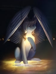 Size: 1200x1600 | Tagged: safe, artist:glumarkoj, imported from derpibooru, oc, oc only, pegasus, pony, female, glowing, mare, night, sitting, solo, water