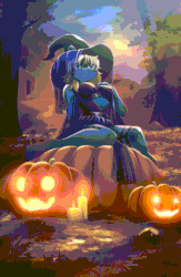 Size: 832x1280 | Tagged: safe, artist:glumarkoj, imported from derpibooru, oc, oc only, earth pony, animated, breasts, candle, clothes, garter straps, gif, halloween, hat, holiday, jack-o-lantern, pumpkin, solo, tree, veil, witch hat