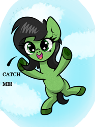 Size: 1500x2005 | Tagged: safe, artist:scandianon, imported from derpibooru, oc, oc only, oc:filly anon, female, filly, foal, frog (hoof), hoof heart, jumping, open mouth, outdoors, sky, smiling, talking, underbelly, underhoof