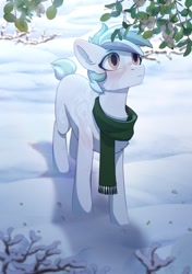 Size: 1764x2508 | Tagged: safe, artist:glumarkoj, imported from derpibooru, oc, oc only, pony, unicorn, chest fluff, clothes, horn, male, scarf, snow, solo, stallion, winter