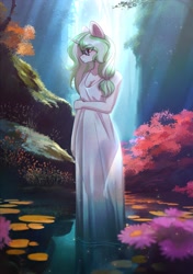 Size: 2039x2894 | Tagged: safe, artist:glumarkoj, imported from derpibooru, oc, oc only, anthro, unicorn, breasts, cleavage, clothes, dress, eye clipping through hair, eyebrows, eyebrows visible through hair, female, flower, forest, glasses, horn, lilypad, nature, solo, tree, water