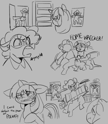 Size: 781x897 | Tagged: safe, artist:channydraws, imported from derpibooru, applejack, cheese sandwich, pinkie pie, twilight sparkle, earth pony, pony, unicorn, accordion, bipedal, comic, crying, dialogue, drums, female, gray background, grayscale, horn, male, mare, monochrome, musical instrument, simple background, slap, stallion, standing, standing on one leg, symbols, unicorn twilight