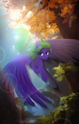 Size: 2039x3182 | Tagged: safe, artist:glumarkoj, imported from derpibooru, oc, oc only, pegasus, pony, chest fluff, ear fluff, female, flying, forest, mare, nature, solo, tree