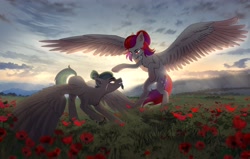 Size: 4096x2609 | Tagged: safe, artist:glumarkoj, imported from derpibooru, oc, oc only, pegasus, pony, backlighting, chest fluff, crepuscular rays, depth of field, ear piercing, facial hair, female, field, flower, goatee, hair bun, large wings, lighting, male, mare, outdoors, pegasus oc, piercing, rearing, scar, scenery, scenery porn, spread wings, stallion, sunset, wings
