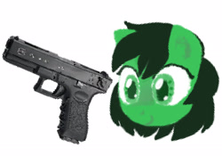 Size: 2442x1705 | Tagged: safe, artist:farofeiro, derpibooru exclusive, imported from derpibooru, oc, oc only, oc:filly anon, earth pony, pony, female, filly, glock, gun, handgun, pistol, pixelated, simple background, solo, weapon, white background