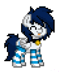 Size: 365x440 | Tagged: safe, artist:sassysvczka, imported from derpibooru, oc, oc:sassysvczka, pegasus, pony, pony town, :p, animated, bouncing, clothes, collar, cute, dancing, eyes closed, floppy ears, folded wings, gif, happy, pet tag, simple background, socks, solo, striped socks, tongue out, transparent background, uwu, wings