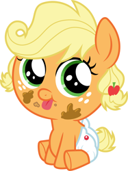 Size: 3000x4004 | Tagged: safe, artist:cloudy glow, edit, imported from derpibooru, applejack, apple family reunion, baby, babyjack, cute, foal, jackabetes, simple background, solo, stain, tongue out, transparent background, vector, younger