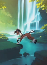 Size: 2067x2894 | Tagged: safe, artist:glumarkoj, imported from derpibooru, oc, oc only, pony, zebra, chest fluff, female, jewelry, jumping, leaping, mare, necklace, river, scenery, scenery porn, solo, stream, stripes, water, waterfall