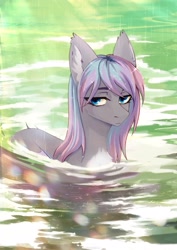 Size: 2894x4093 | Tagged: safe, artist:glumarkoj, imported from derpibooru, oc, oc only, bat pony, pony, chest fluff, ear fluff, female, looking at you, mare, rain, water