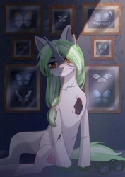 Size: 2480x3508 | Tagged: safe, artist:glumarkoj, imported from derpibooru, oc, oc only, butterfly, pony, unicorn, cracks, female, glasses, horn, mare, no catchlights, solo, torn ear