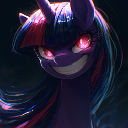 Size: 1024x1024 | Tagged: safe, imported from derpibooru, twilight sparkle, pony, unicorn, ai content, ai generated, dark, evil, evil grin, glowing, glowing eyes, grin, horn, outdoors, prompter:enterusxrname, smiling, solo, the quality of ai art is frightening, twilight snapple, unicorn twilight, xk-class end-of-the-world scenario