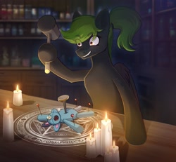 Size: 3184x2943 | Tagged: safe, artist:glumarkoj, imported from derpibooru, oc, oc only, oc:achlys, pegasus, pony, bipedal, button eyes, candle, female, hammer, magic, magic circle, mallet, mare, nail, needle, plushie, ritual, solo, voodoo doll