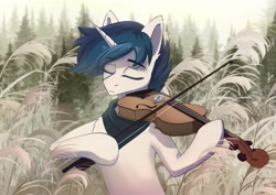 Size: 3508x2480 | Tagged: safe, artist:glumarkoj, imported from derpibooru, oc, oc only, pony, unicorn, bipedal, bow (instrument), chest fluff, ear fluff, eyes closed, forest, horn, male, musical instrument, nature, neckerchief, playing instrument, reeds, solo, stallion, tree, violin