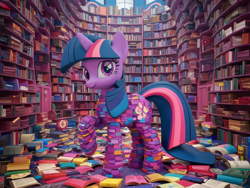 Size: 1024x768 | Tagged: safe, imported from derpibooru, twilight sparkle, ai content, ai generated, book, bookhorse, generator:ideogram 1.0, library, prompt in description, solo