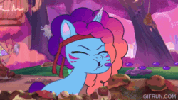 Size: 520x293 | Tagged: safe, imported from derpibooru, screencap, pony, unicorn, animated, bridlewood, eyes closed, female, food, friday night food fight, g5, gif, gifrun.com, grapes, horn, mare, misty brightdawn, my little pony: tell your tale, solo, war paint
