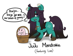 Size: 1107x849 | Tagged: safe, artist:mr-slmn, imported from derpibooru, oc, oc only, oc:juju mandrake, earth pony, pony, snake, basket, dialogue, duo, female, mare, pet oc, simple background, speech bubble, talking to viewer, white background
