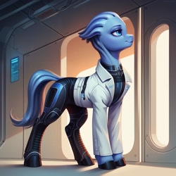 Size: 1536x1536 | Tagged: safe, imported from derpibooru, alien, asari, pony, ai content, ai generated, clothes, female, futuristic, generator:autismmix confetti, indoors, lab coat, liara t'soni, looking sideways, mare, mass effect, ponified, prompter:siber, standing