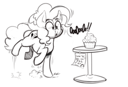 Size: 1302x891 | Tagged: safe, artist:mr-slmn, imported from derpibooru, pinkie pie, earth pony, pony, black and white, cupcake, female, food, grayscale, implied twilight sparkle, mare, monochrome, note, simple background, sketch, solo, standing, standing on one leg, white background