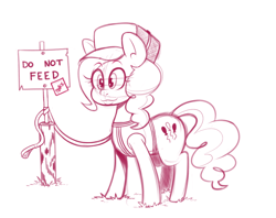 Size: 1052x835 | Tagged: safe, artist:mr-slmn, imported from derpibooru, pinkie pie, earth pony, pony, cap, clothes, female, hat, leash, mare, monochrome, sign, simple background, sketch, solo, vest, white background