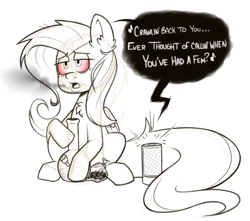 Size: 1013x895 | Tagged: safe, artist:mr-slmn, imported from derpibooru, fluttershy, pegasus, pony, alexa, bloodshot eyes, bong, chest fluff, dialogue, flutterhigh, grayscale, high, monochrome, partial color, simple background, sitting, smoke, solo, speaker, speech bubble, white background