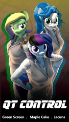 Size: 2160x3840 | Tagged: safe, artist:dangerousdpad, imported from derpibooru, oc, oc:green screen, oc:lacuna, oc:maple cake, anthro, earth pony, 3d, movie poster, qt control series, source filmmaker