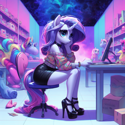 Size: 1024x1024 | Tagged: safe, imported from derpibooru, anthro, unicorn, abstract, adorasexy, ai content, ai generated, bare shoulders, bored, box, cardboard box, chair, clothes, collar, computer, cute, female, high heels, horn, keyboard, looking at you, monitor, office, prompter:horselover fat, sad, sexy, shelves, shoes, shoulderless, sitting, skirt, stool, surreal, sweater, table, tiled floor, weird