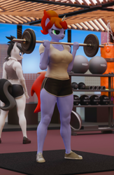 Size: 2500x3840 | Tagged: safe, artist:dangerousdpad, imported from derpibooru, oc, oc:ronin, oc:sugar surge, anthro, earth pony, unicorn, 3d, blender, blender cycles, clothes, gym, gym shorts, horn, shirt, weights