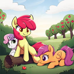 Size: 1024x1024 | Tagged: safe, edit, imported from derpibooru, apple bloom, scootaloo, sweetie belle, earth pony, pegasus, pony, unicorn, ai content, apple, apple tree, cloud, crouching, cutie mark crusaders, folded wings, food, grass, horn, log, looking at something, looking at you, prompt in description, scenery, sitting, smiling, tree, wings
