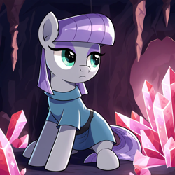 Size: 1024x1024 | Tagged: safe, imported from derpibooru, maud pie, earth pony, pony, ai content, cave, crystal, glowing, looking away, prompt in description, red, solo, stalactite