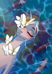 Size: 2480x3508 | Tagged: safe, artist:glumarkoj, imported from derpibooru, oc, oc only, butterfly, fish, koi, pony, unicorn, chest fluff, eyes closed, female, horn, lying down, mare, on back, solo