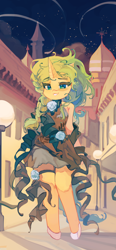 Size: 2800x6028 | Tagged: safe, artist:saxopi, imported from derpibooru, oc, oc only, oc:felicity mossrock, semi-anthro, unicorn, absurd resolution, bare shoulders, braid, clothes, dress, female, grin, horn, looking at you, night, skirt, smiling, solo, street