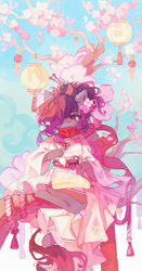 Size: 3400x6504 | Tagged: safe, artist:saxopi, imported from derpibooru, oc, oc only, oc:nyn indigo, semi-anthro, absurd resolution, bare shoulders, cherry blossoms, clothes, drawing, dress, female, flower, flower blossom, lantern, paintbrush, paper lantern, scarf, scroll, sitting, solo, tree branch