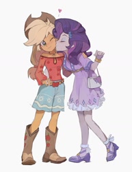 Size: 1299x1681 | Tagged: safe, artist:bilidongdong, imported from derpibooru, applejack, rarity, human, equestria girls, applejack's hat, bag, blushing, boots, cheek kiss, clothes, cowboy hat, cuffs (clothes), dress, duo, female, floating heart, freckles, handbag, hat, heart, humanized, jewelry, kissing, lesbian, one eye closed, rarijack, shipping, shoes, shorts, simple background, strapless, white background