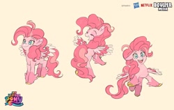 Size: 1900x1200 | Tagged: safe, artist:bilidongdong, imported from derpibooru, pinkie pie, pegasus, pony, alternate design, colored wings, female, mare, pegasus pinkie pie, race swap, simple background, solo, unshorn fetlocks, wings, yellow background