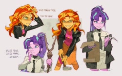 Size: 1841x1154 | Tagged: safe, artist:bilidongdong, imported from derpibooru, starlight glimmer, sunset shimmer, human, equestria girls, clothes, duo, female, humanized, jacket, leather, leather jacket, necktie, quill, scroll, skirt, staff, staff of sameness