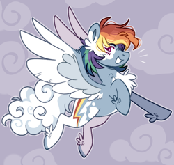 Size: 1280x1213 | Tagged: safe, artist:wanderingpegasus, imported from derpibooru, rainbow dash, pegasus, pony, alternate design, chest fluff, cloud, feathered fetlocks, flying, grin, smiling, solo