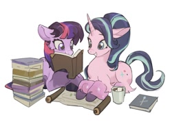 Size: 1123x800 | Tagged: safe, artist:bilidongdong, imported from derpibooru, starlight glimmer, twilight sparkle, earth pony, pony, unicorn, book, duo, earth pony twilight, female, horn, lying down, mare, mug, prone, race swap, reading, scroll, simple background, unshorn fetlocks, white background