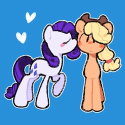 Size: 2048x2048 | Tagged: safe, artist:starrymysteryy, imported from derpibooru, applejack, rarity, earth pony, pony, unicorn, applejack's hat, blue background, blushing, cheek kiss, cowboy hat, duo, eyes closed, female, floating heart, hat, heart, horn, kissing, lesbian, mare, rarijack, shipping, simple background