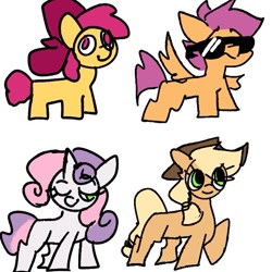 Size: 597x597 | Tagged: safe, artist:madiwann, imported from derpibooru, apple bloom, applejack, scootaloo, sweetie belle, earth pony, pegasus, pony, unicorn, cutie mark crusaders, female, filly, foal, horn, mare, one eye closed, simple background, smiling, sunglasses, white background, wink