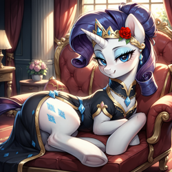 Size: 1536x1536 | Tagged: safe, imported from derpibooru, rarity, pony, unicorn, ai content, ai generated, alternate hairstyle, armchair, backlighting, bedroom eyes, black dress, butt, chair, choker, clothes, column, curtains, cutie mark, cutie mark accessory, cutie mark on clothes, dock, dress, ear fluff, ear piercing, earring, female, flower, flower in hair, frog (hoof), gem, generator:bluefox mix, generator:stable diffusion, hair bun, horn, indoors, jewelry, lamp, leg fluff, looking at you, lying down, mare, on side, piercing, pillow, plot, potted plant, prompter:tyto4tme4l, rose, smiling, smiling at you, solo, tail, tiara, underhoof, window
