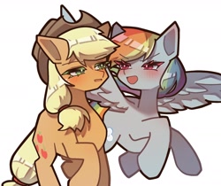 Size: 1826x1536 | Tagged: safe, artist:mugitya012, imported from derpibooru, applejack, rainbow dash, earth pony, pegasus, pony, appledash, applejack's hat, blushing, cowboy hat, female, flying, hat, lesbian, looking at each other, looking at someone, mare, shipping, simple background, white background