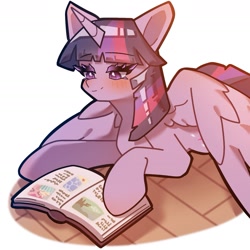 Size: 1757x1757 | Tagged: safe, artist:mugitya012, imported from derpibooru, twilight sparkle, alicorn, pony, blushing, book, female, lying down, mare, prone, reading, simple background, solo, white background