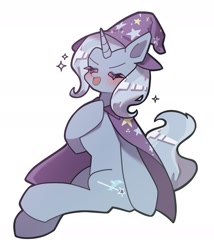 Size: 1683x1965 | Tagged: safe, artist:mugitya012, imported from derpibooru, trixie, pony, unicorn, blushing, cape, clothes, female, hat, horn, mare, simple background, sitting, solo, trixie's cape, trixie's hat, white background